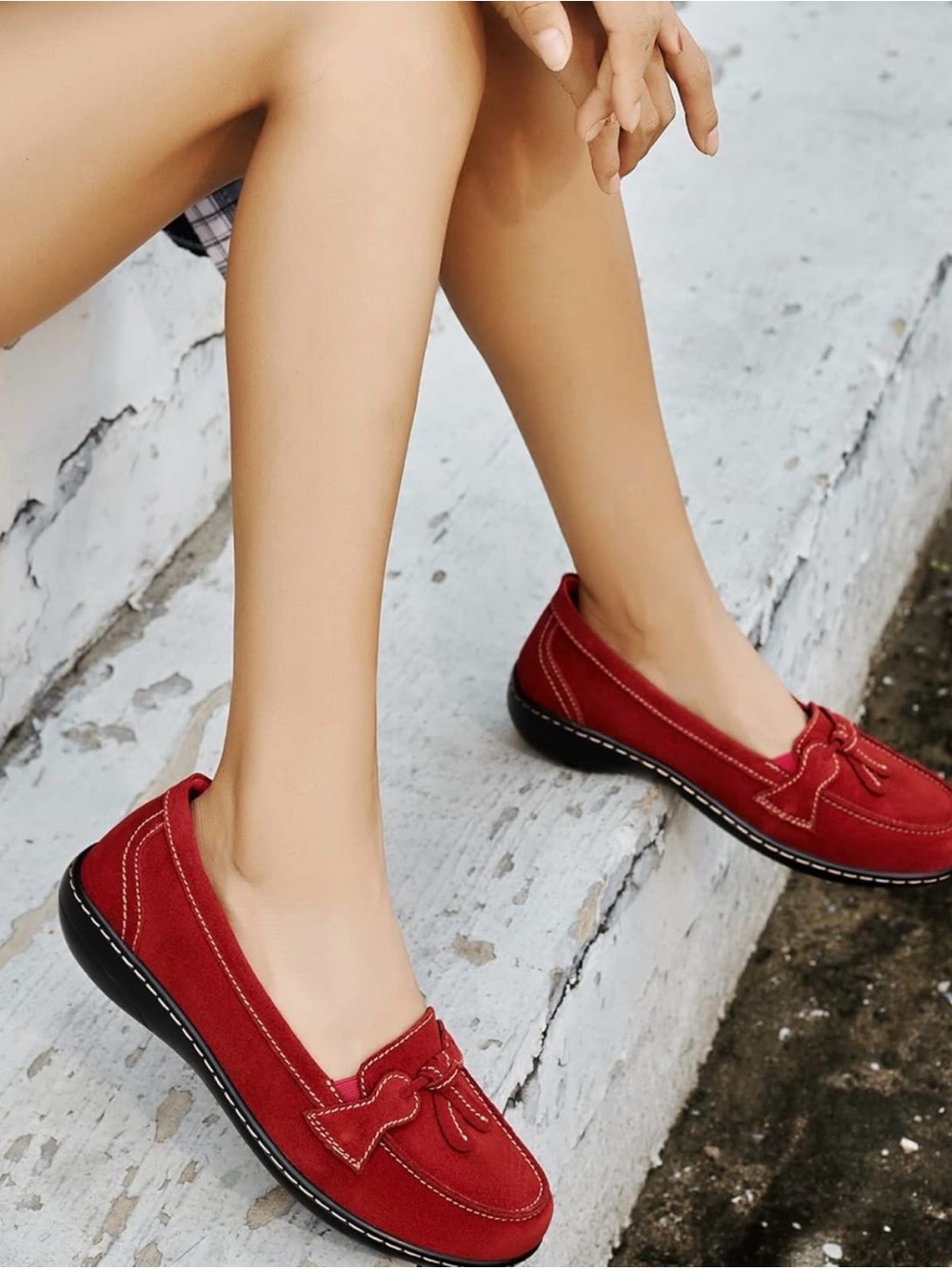 Women’s Red Suede Slip-On Loafers with Knot Accent